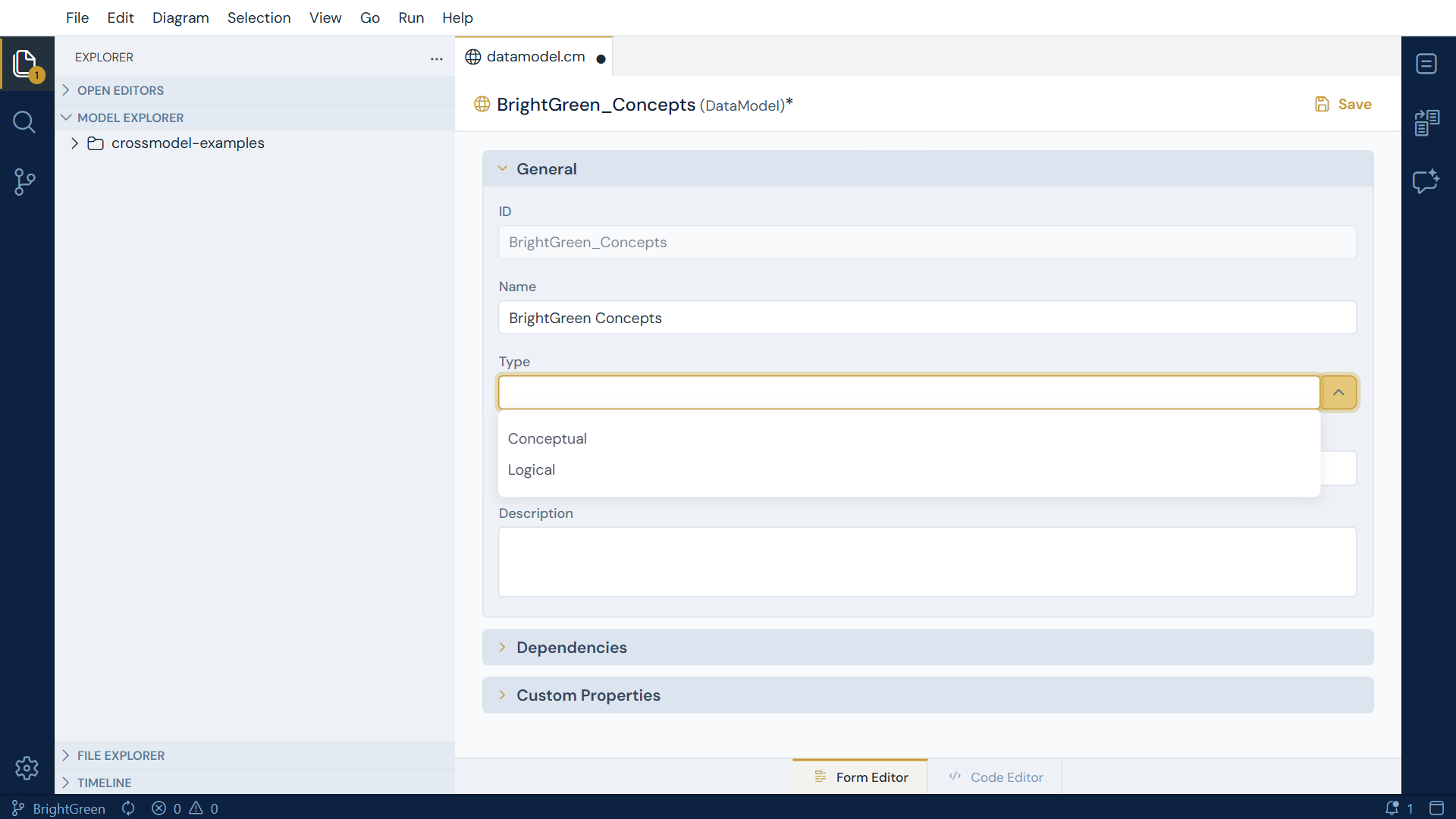 The Type dropdown on a new data model, offering Conceptual and Logical
