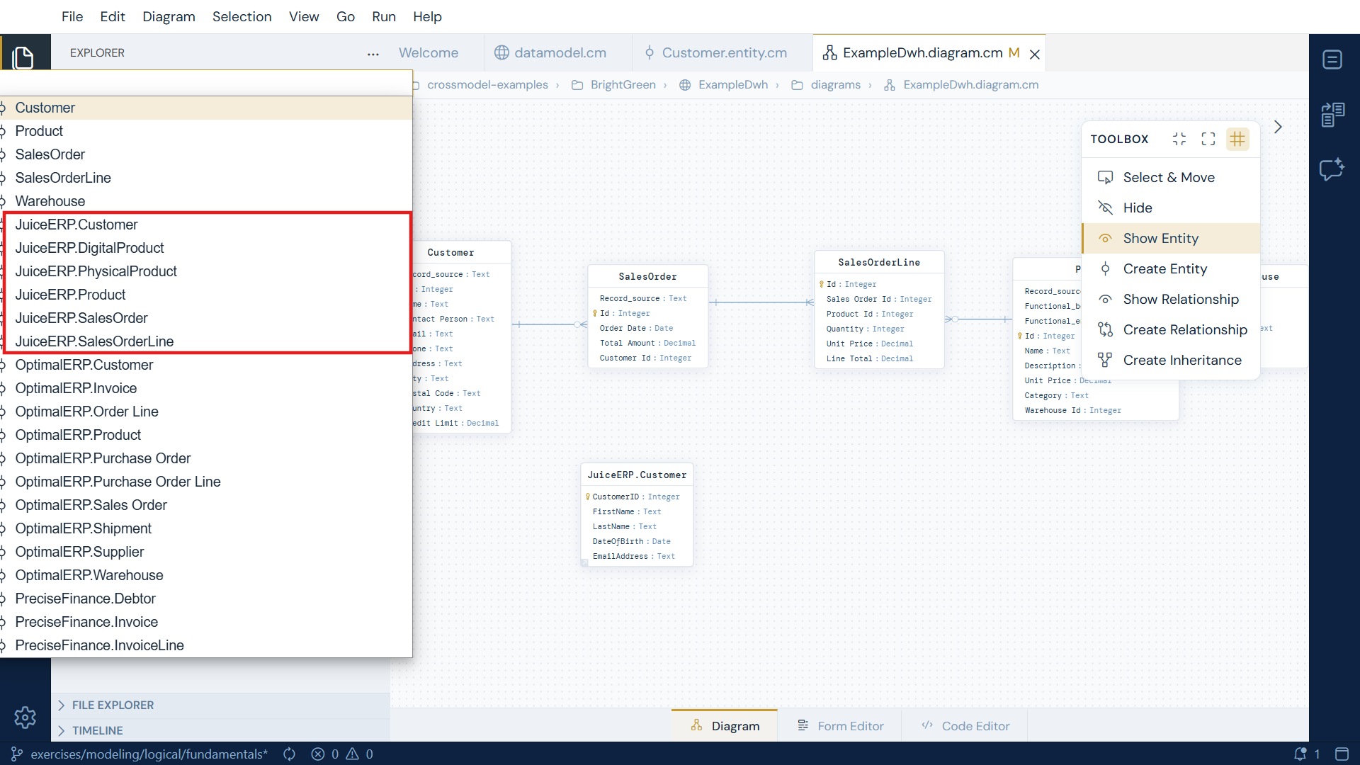 The Show Entity picker listing local and cross-model entities