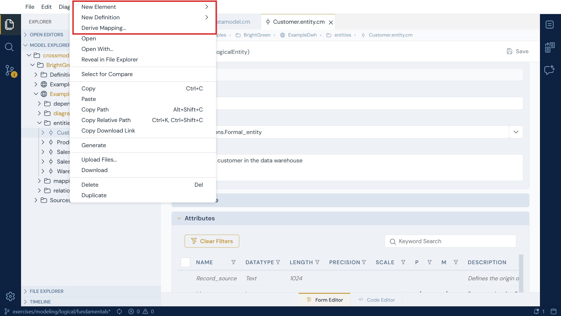 The Model Explorer context menu