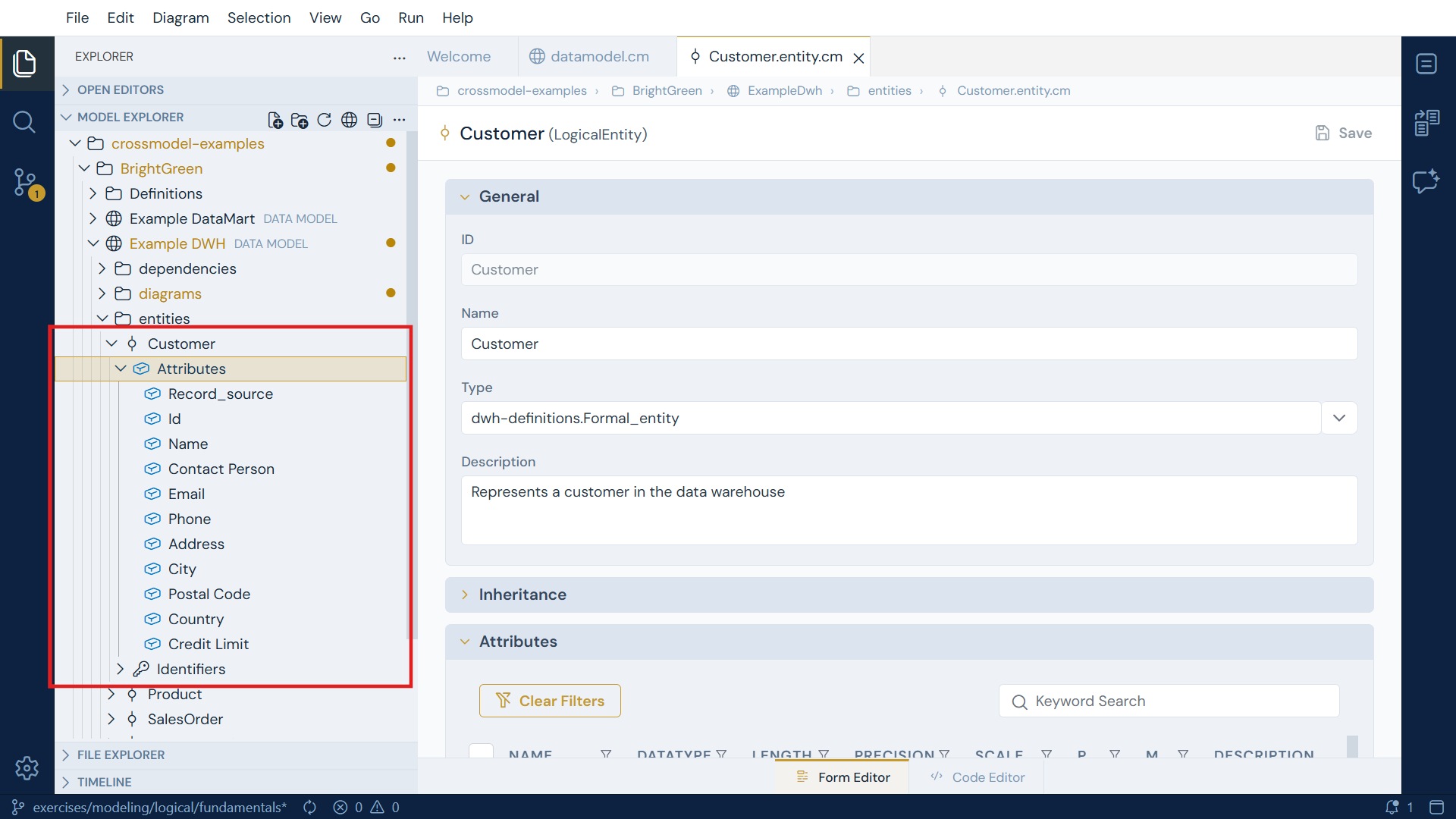 The Model Explorer showing entities expanded into their attributes
