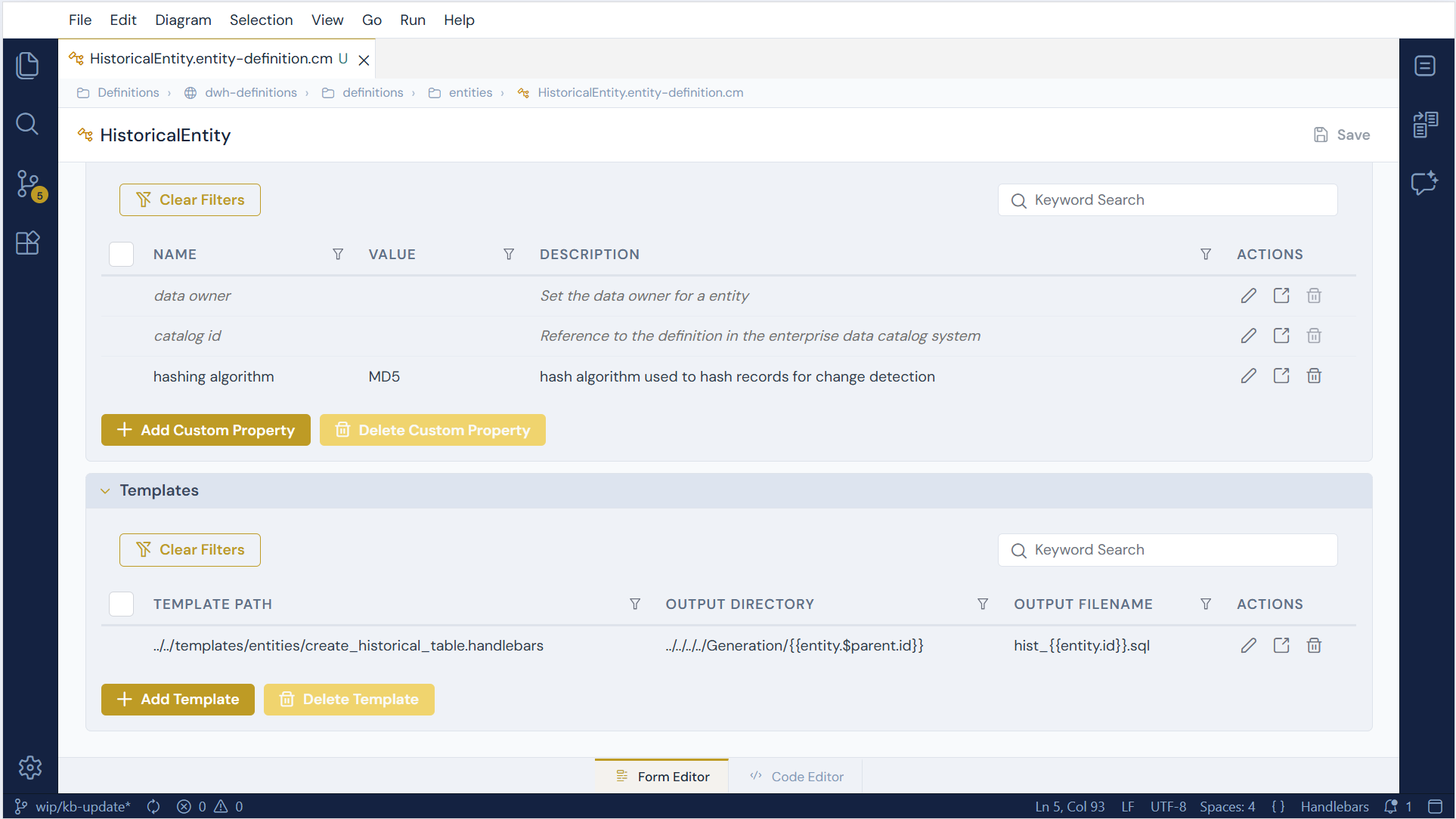 Templates section on an entity definition